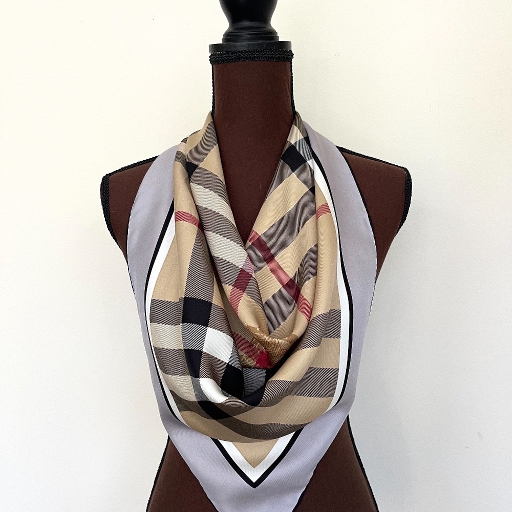 New Burberry Scarf Beige Check Gray Border Silk Wrap - Picture 12 of 13